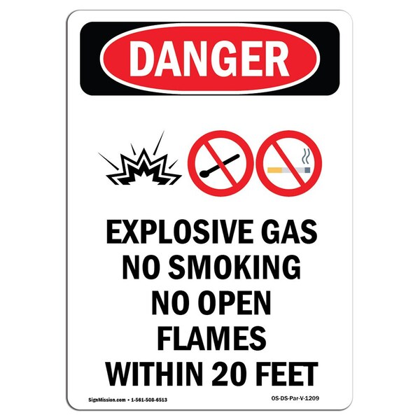 Safety Sign, OSHA Danger, 24" Height, Aluminum, Explosive Gas No Smoking, Portrait